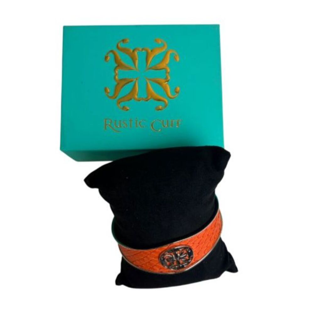 Rustic Cuff Monique Python Tangerine Leather Silver Tone Signature Logo Cuff - Picture 3 of 11